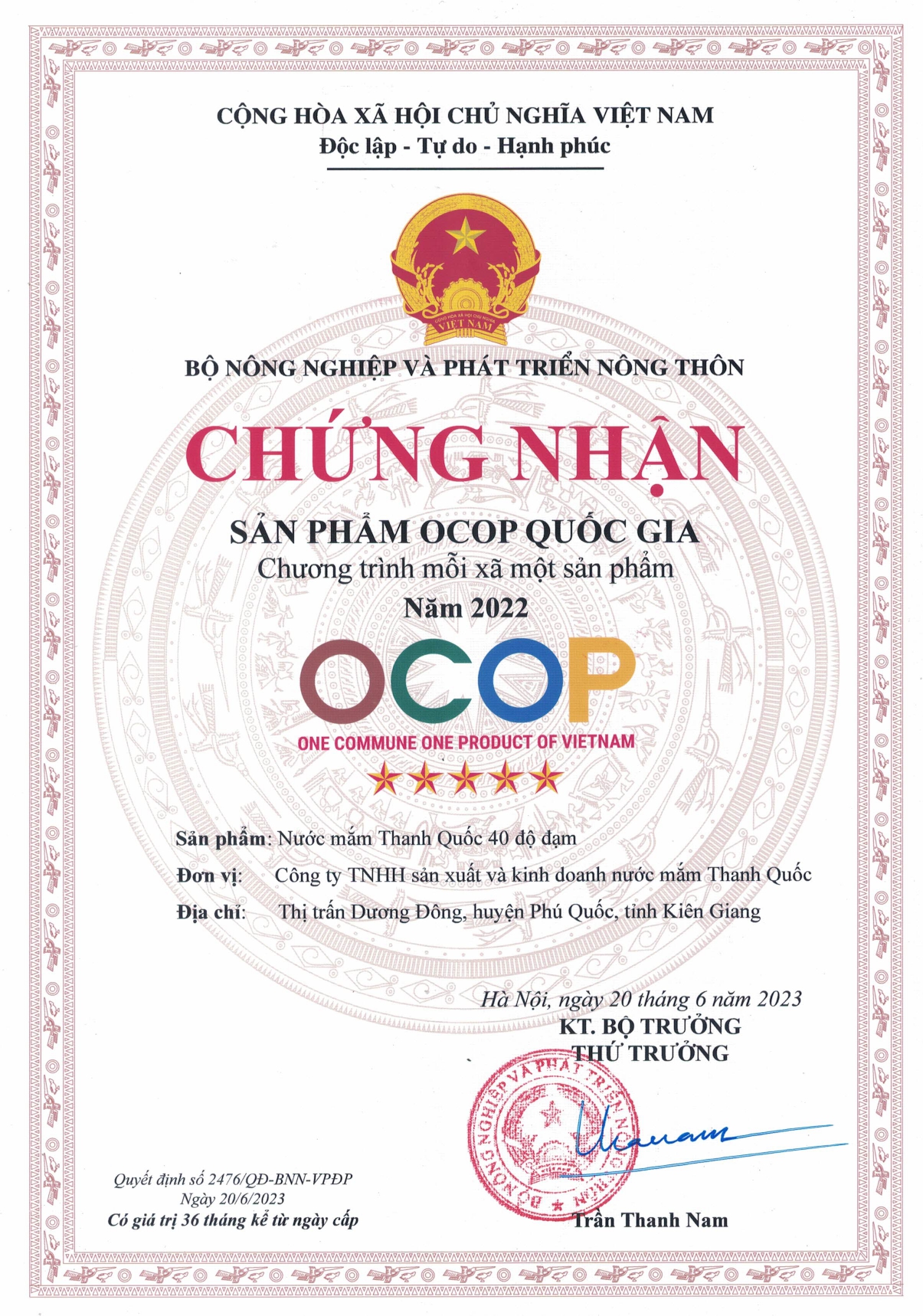 Bộ giấy tờ - chứng nhận của Nước Mắm CDĐL Phú Quốc Thanh Quốc 40N